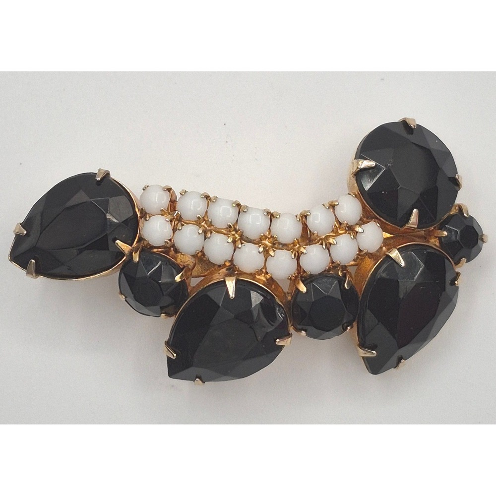 Vintage Brooch Black White Gold Tone Pin Statement Accessory